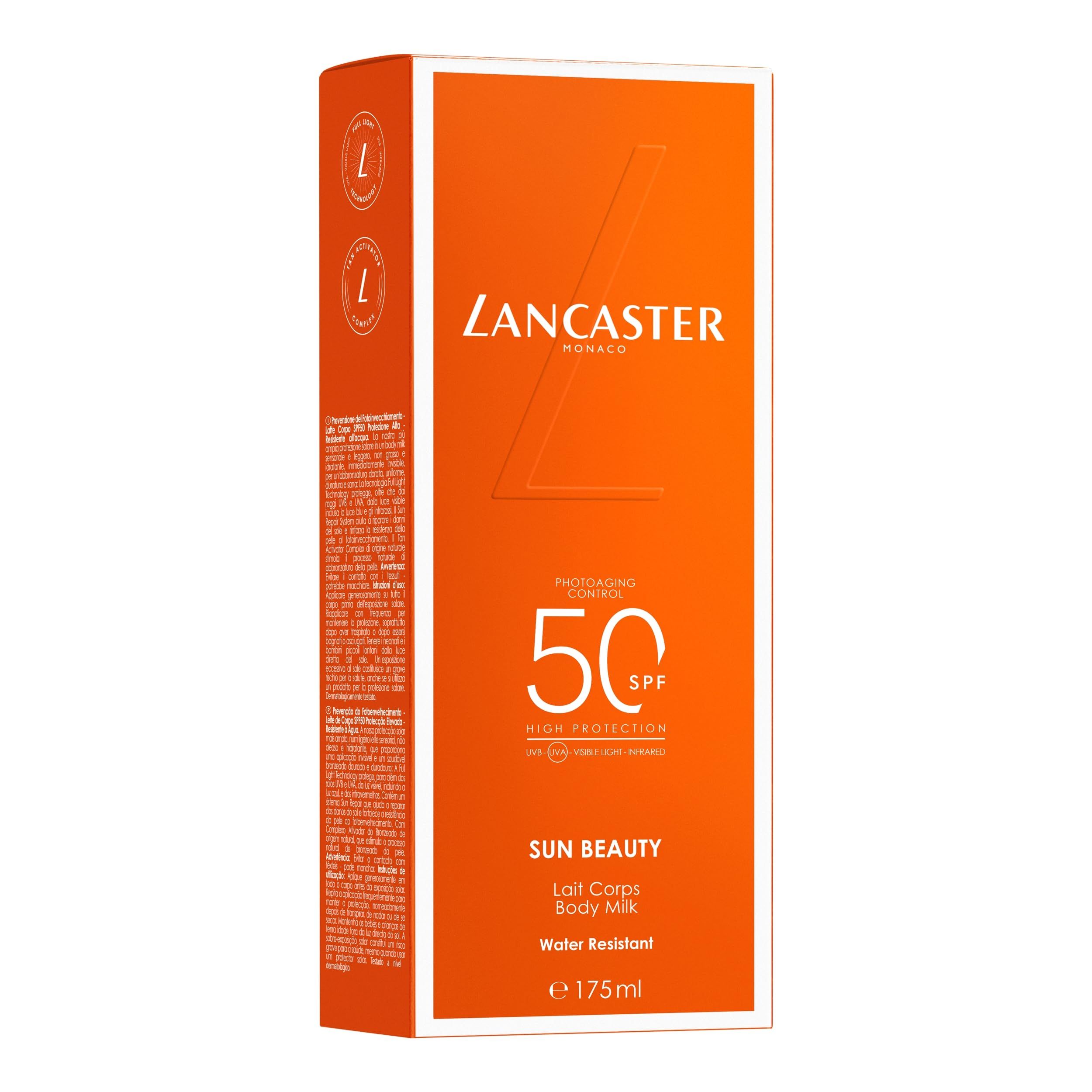 Confezione arancione con nome del prodotto e SPF 50. Marchio Lancaster. Testo: Sun Beauty, Body Milk, Water Resistant, 175ml.