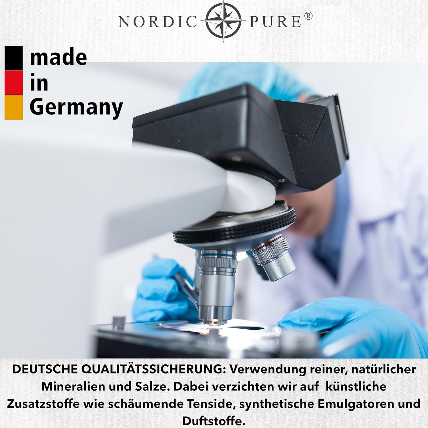 Microscopio e contenitore "NORDIC PURE". Testo: Garanzia di qualità tedesca. Uso di minerali e sali naturali puri.