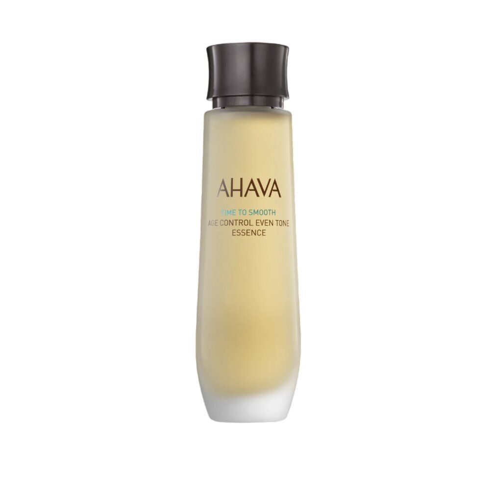 Flacone con scritta AHAVA, Time to Smooth, Age Control Even Tone Essence. Tappo scuro, liquido chiaro.
