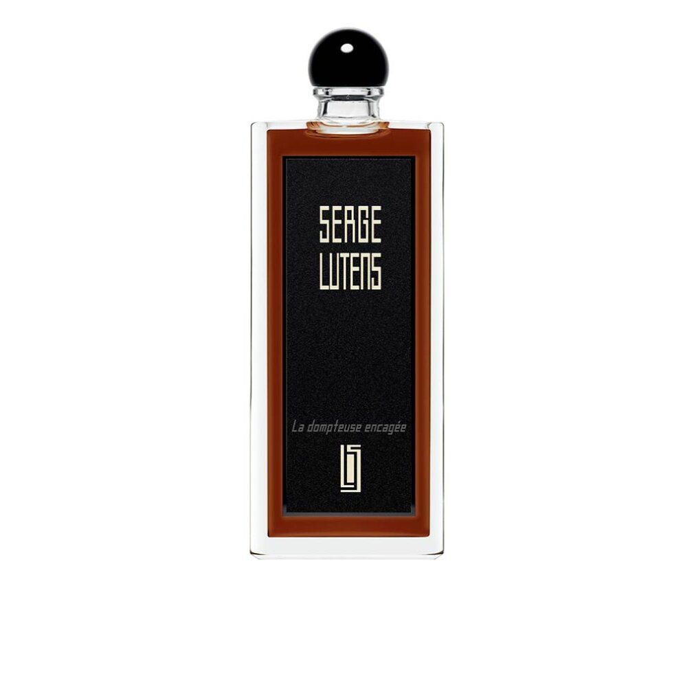 Flacone di profumo rettangolare con etichetta nera. Scritta: Serge Lutens, La dompteuse encagée. Tappo nero.