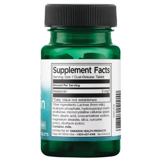Retro del flacone verde. Etichetta bianca con informazioni nutrizionali e ingredienti. Testo: SWANSON Health Products.
