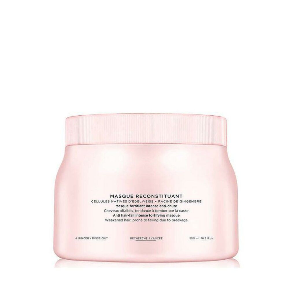 Vaso rosa con coperchio. Testo: Masque Reconstituant, Anti-caduta, 500ml. Vista posteriore.