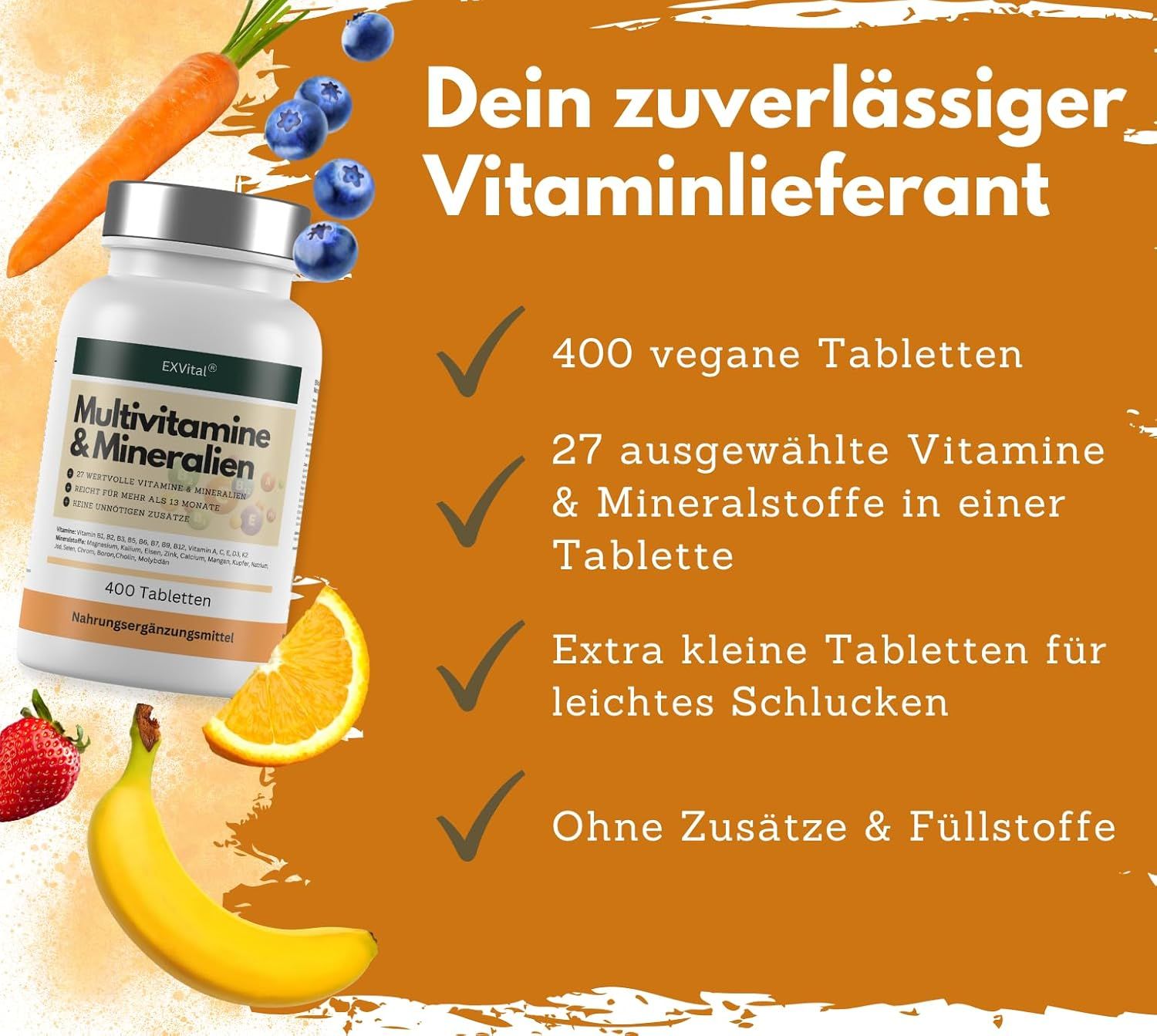 Flacone di compresse multivitaminiche, frutta. Testo: 400 compresse vegane, 27 vitamine, senza additivi.