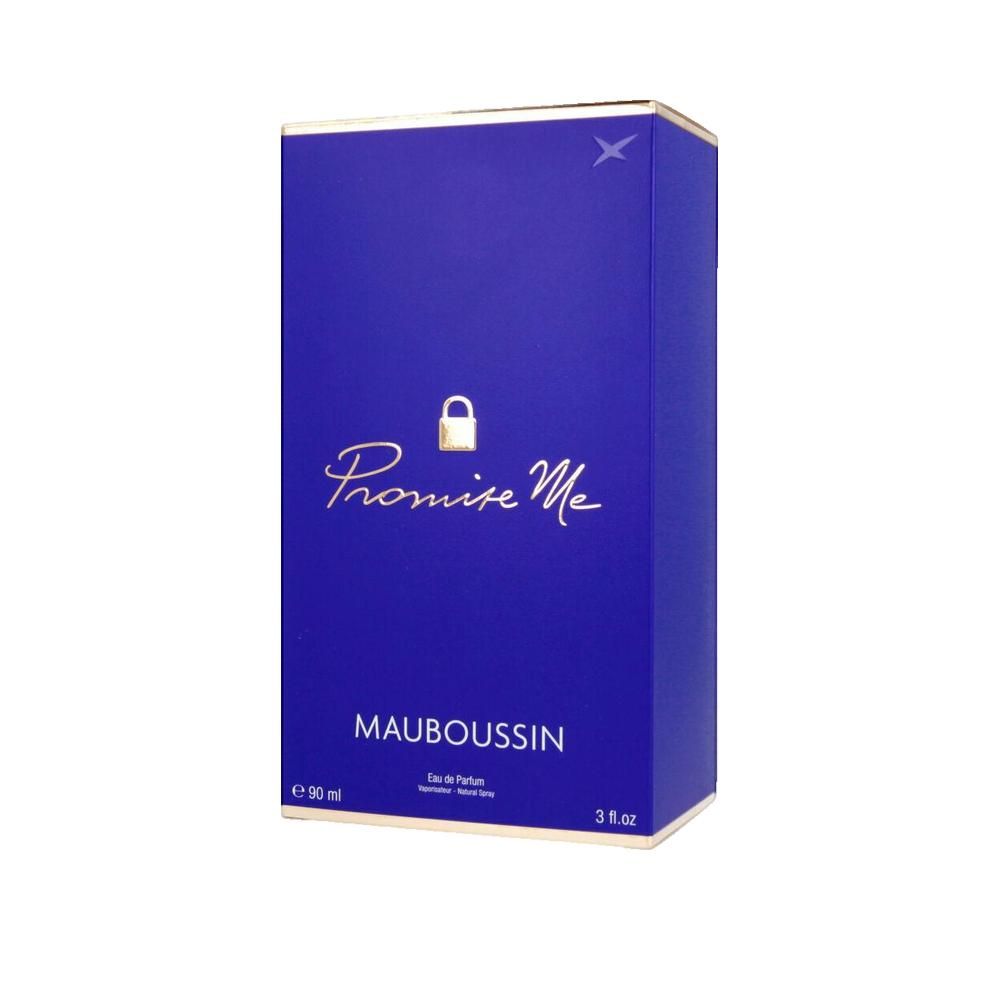 Confezione rettangolare blu. Scritta: Promise Me, Mauboussin. Logo e testo dorati.