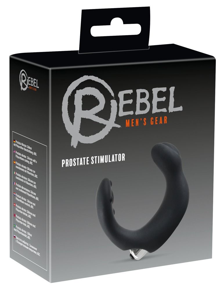 Stimolatore prostatico nero in confezione. Marchio: Rebel. Testo: Prostate Stimulator, Men's Gear.