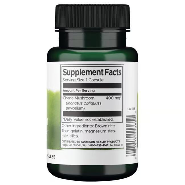 Retro di una bottiglia verde. Etichetta bianca con informazioni nutrizionali. Contiene Chaga Mushroom, 400 mg.
