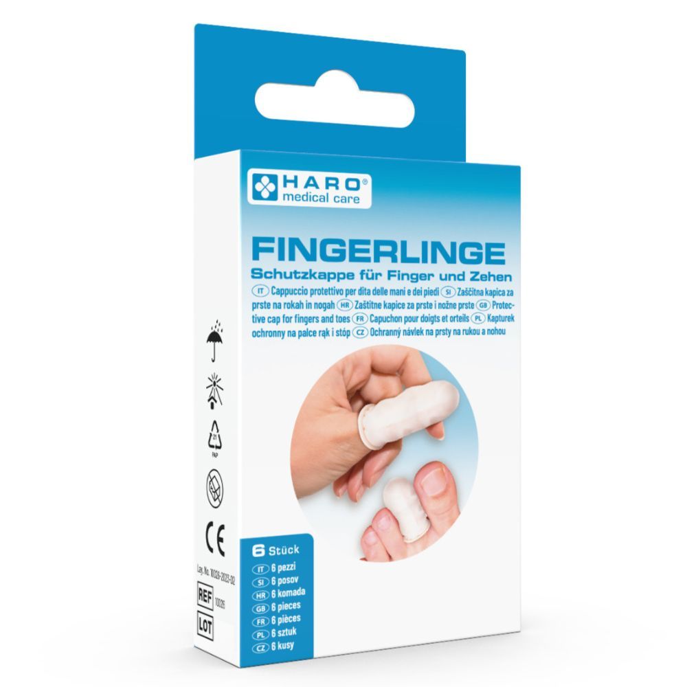 Confezione di Fingerlinge. Sei pezzi. Haro Medical Care. Protezione per dita e piedi. Fingerlinge su dita e piedi.
