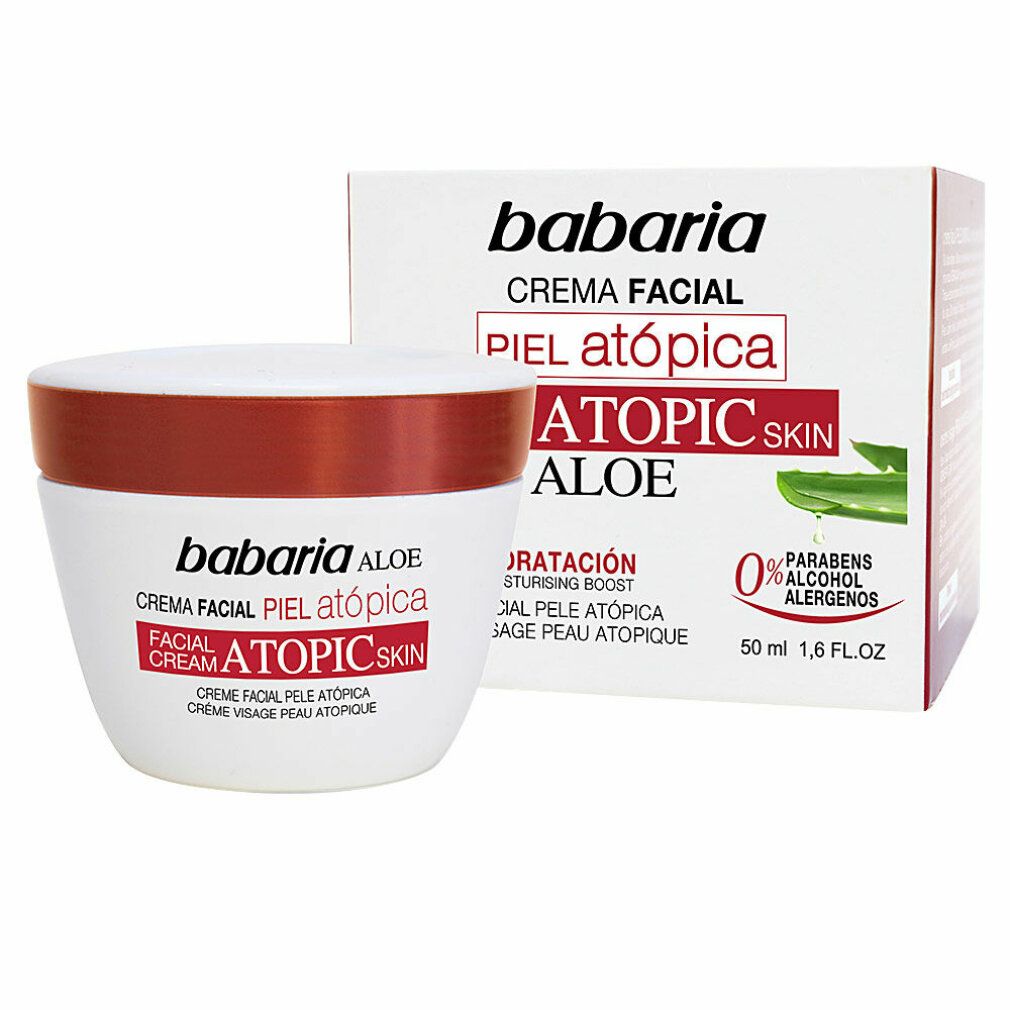 Vaso e scatola di crema. Scritta Babaria, Crema Facial, Piel Atópica, Aloe. 0% parabeni, alcool, allergeni. Illustrazione foglia di aloe.
