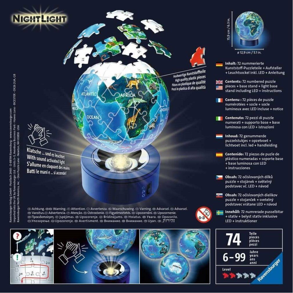 Confezione puzzle Nachtlicht. Contiene 72 pezzi, puzzle a globo con animali. Luce LED inclusa. Immagini di mani che applaudono.