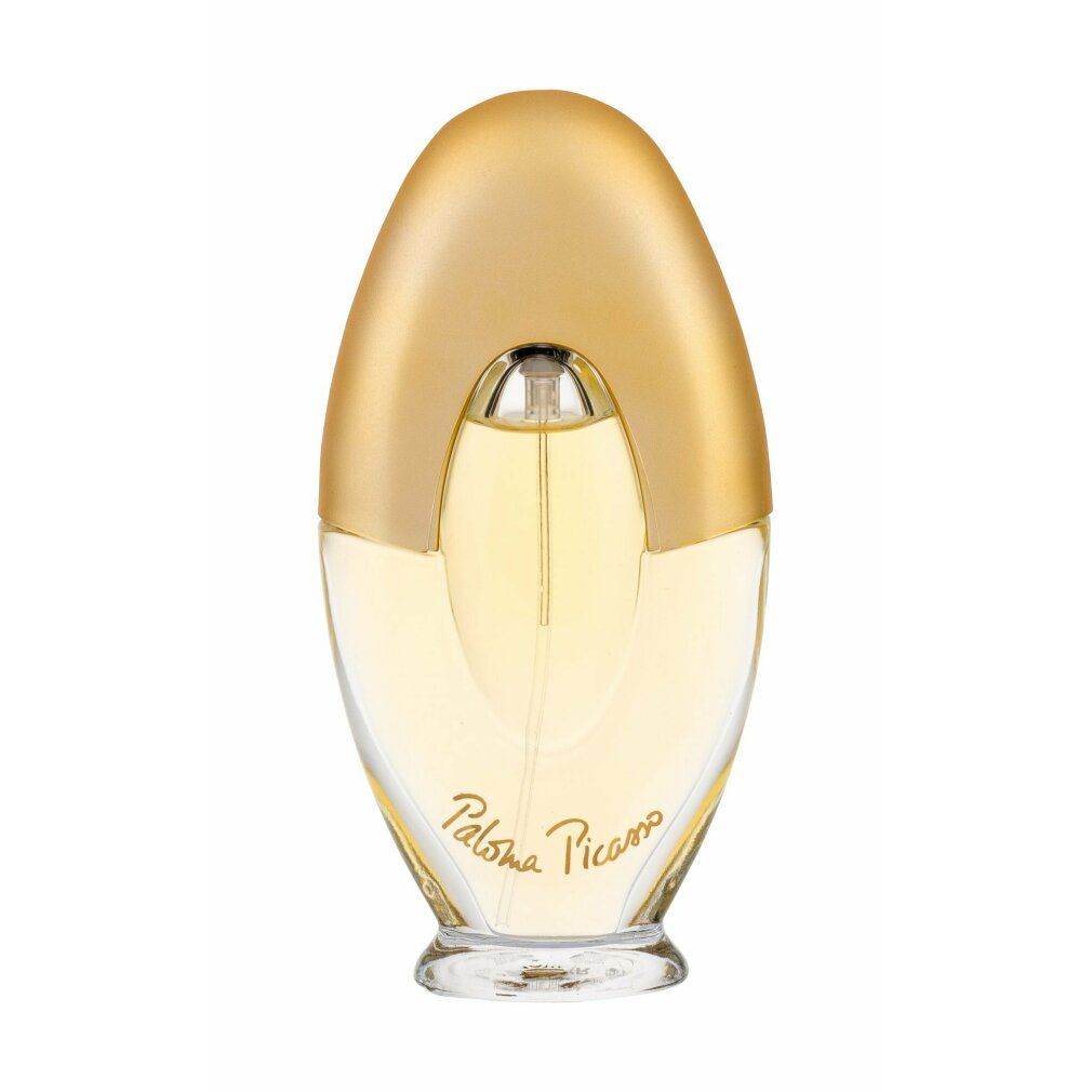 Flacone di profumo ovale con tappo dorato. Liquido trasparente visibile. Scritta Paloma Picasso.