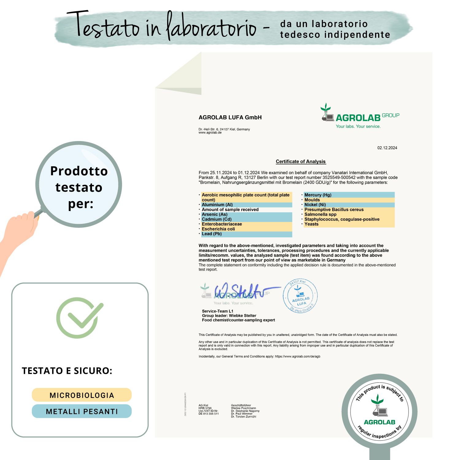 Certificato di Agrolab. Prodotto testato per: Microbiologia, metalli. Firma.