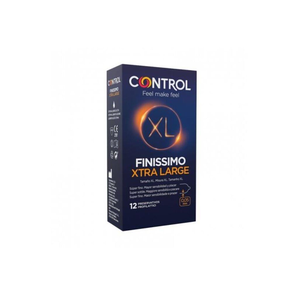 Confezione di preservativi Control Finissimo Xtra Large, 12 pezzi, taglia XL, spessore 0,05 mm.