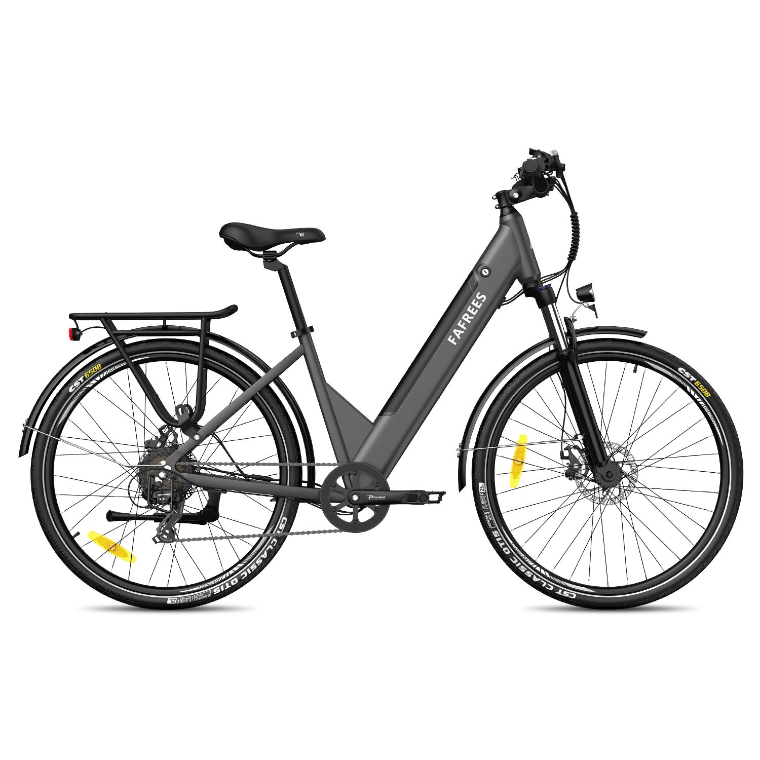 E-bike grigia FAFREES con portapacchi e parafanghi. Pneumatici neri con dettagli gialli.