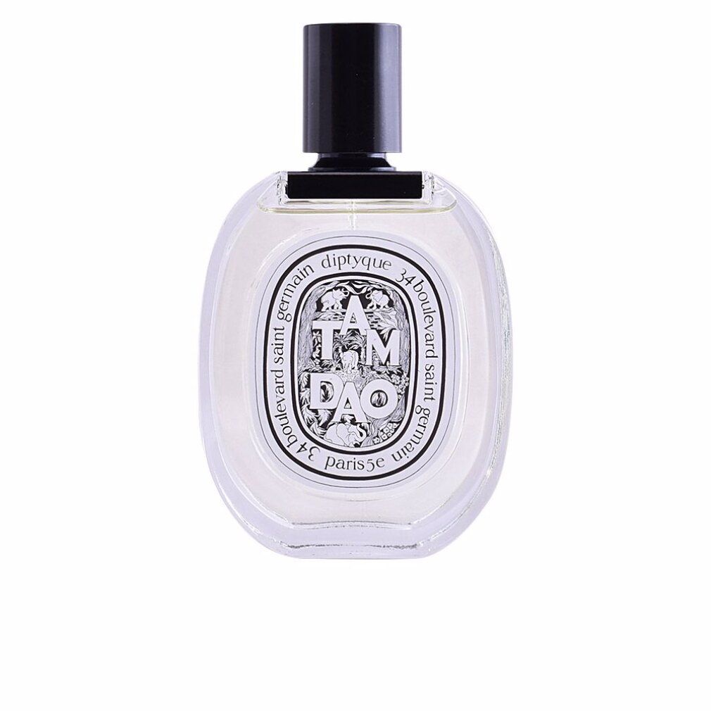 Flacone di profumo rotondo con tappo nero. Scritta Tam Dao, Diptyque, 34 boulevard saint germain, Paris 5e.