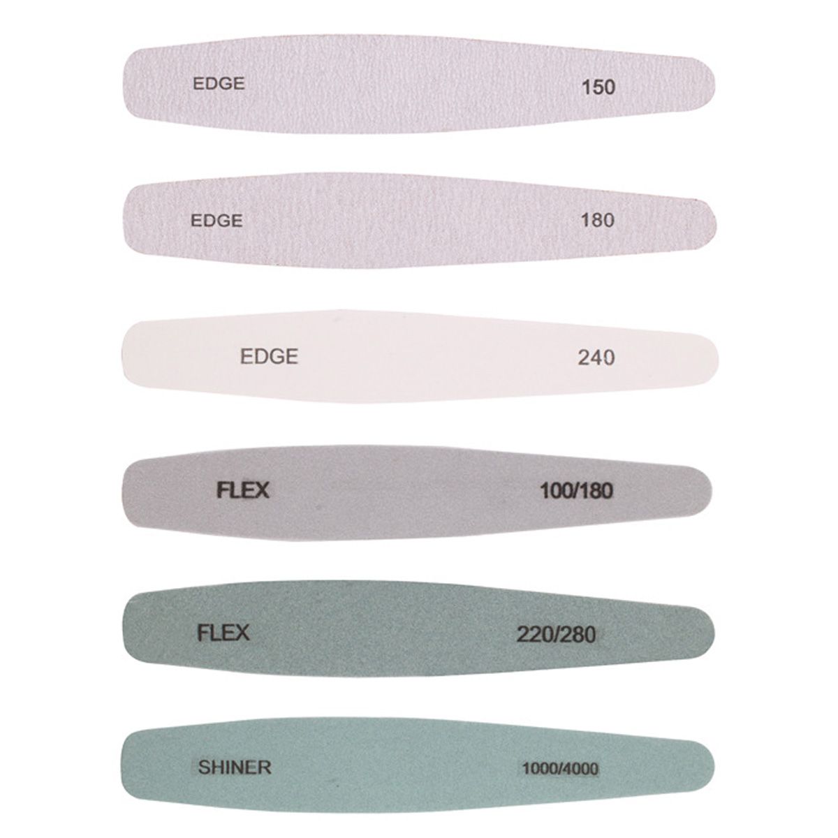 Sei lime per unghie UNIQ Beauty di diverse grane: 150, 180, 240, 100/180, 220/280, 1000/4000.