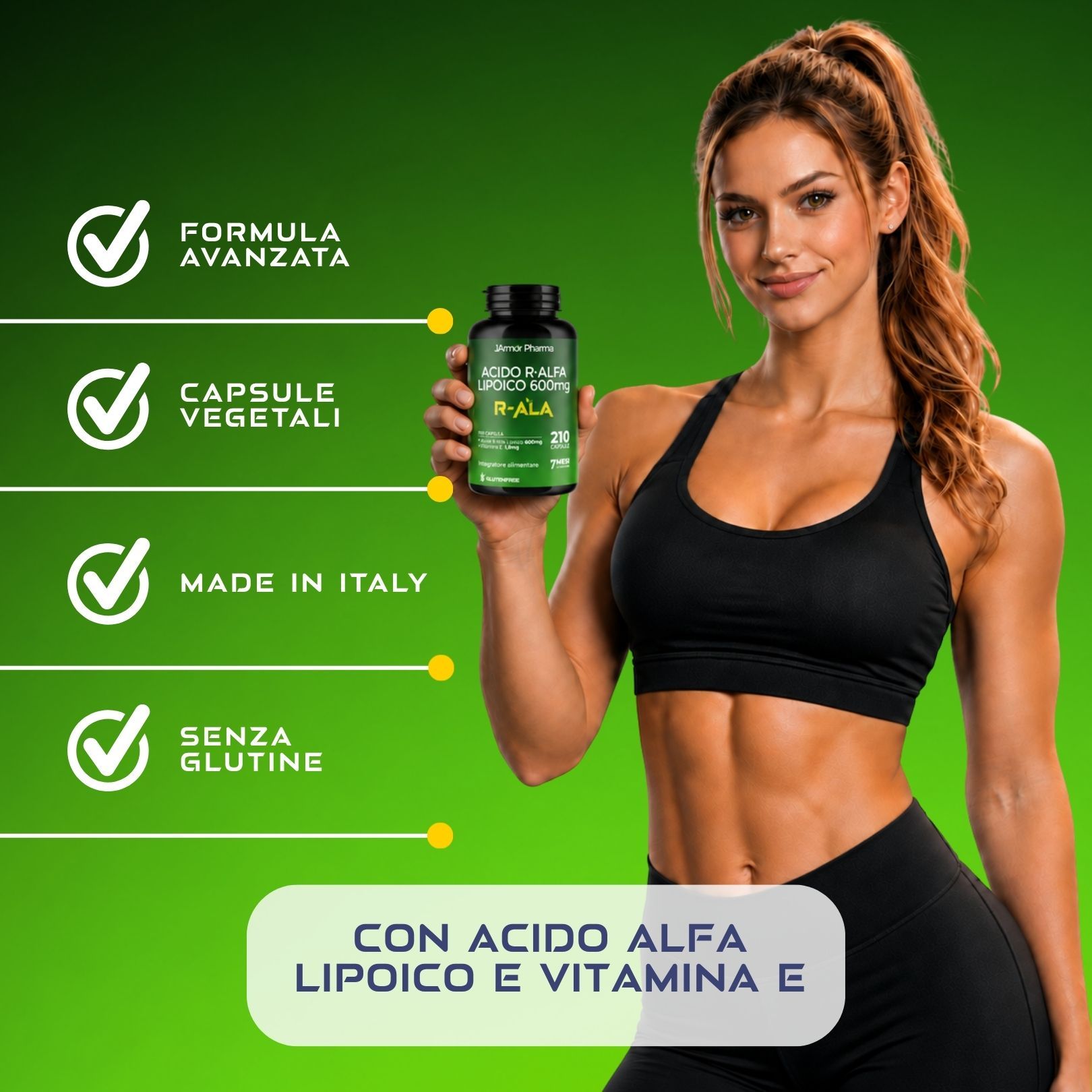 Donna sportiva tiene barattolo Acido R-Alfa Lipoico 600mg, R-ALA. Info: Capsule vegetali, Made in Italy, Senza glutine.