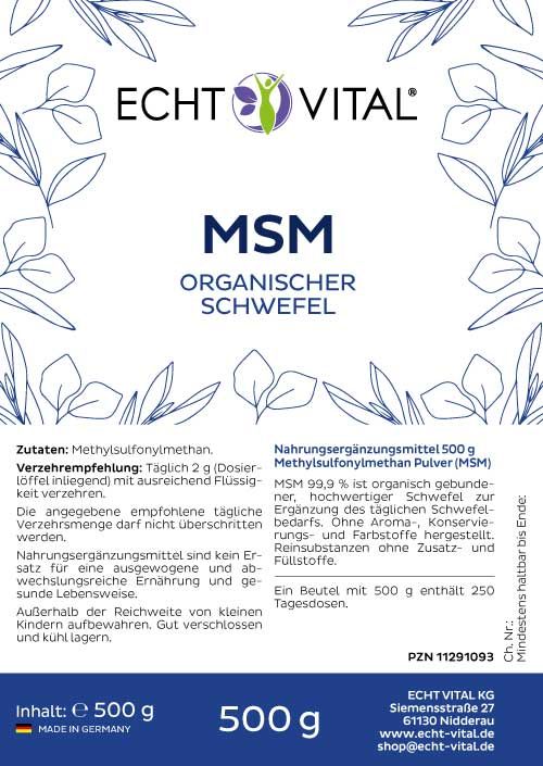 Echt Vital MSM Zolfo Organico 500g. Ingredienti: Metilsulfonilmetano. Prodotto in Germania.
