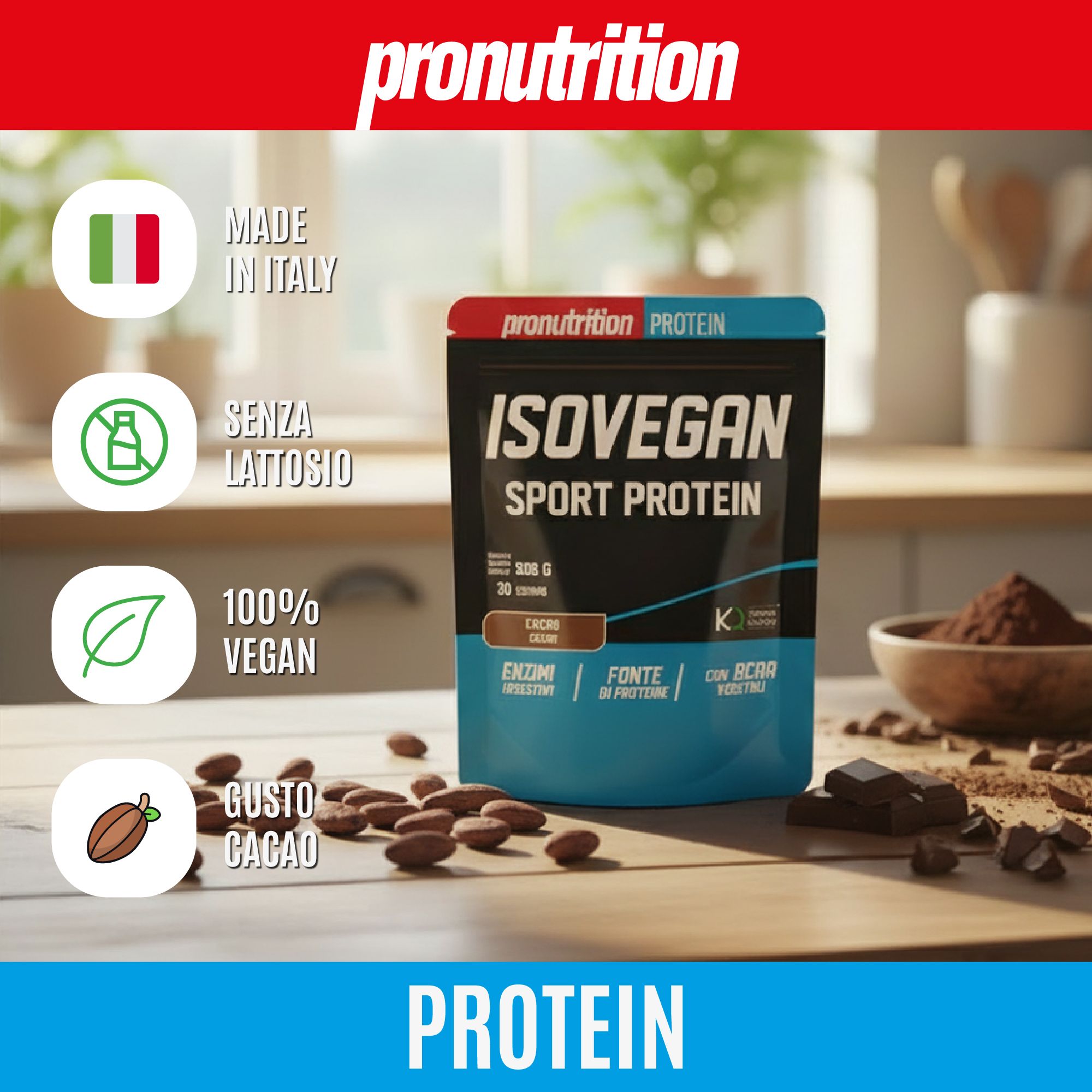 Confezione IsoVegan Sport Protein con fave di cacao e pezzi di cioccolato. Testo: Made in Italy, senza lattosio, 100% vegano.