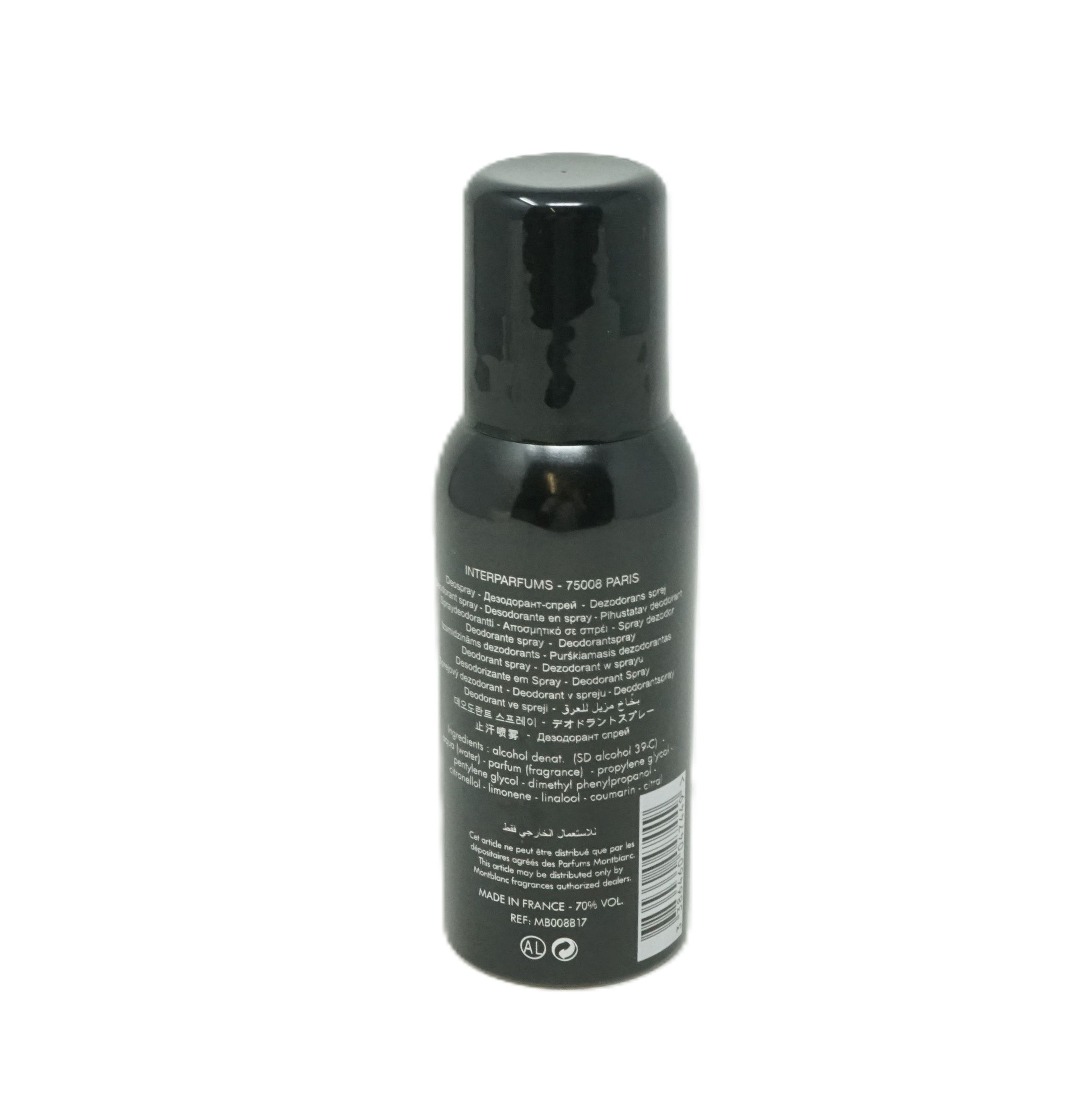 Flacone spray deodorante nero. Testo: Montblanc, Legend, Deodorant Spray. 100 ml. Prodotto in Francia.