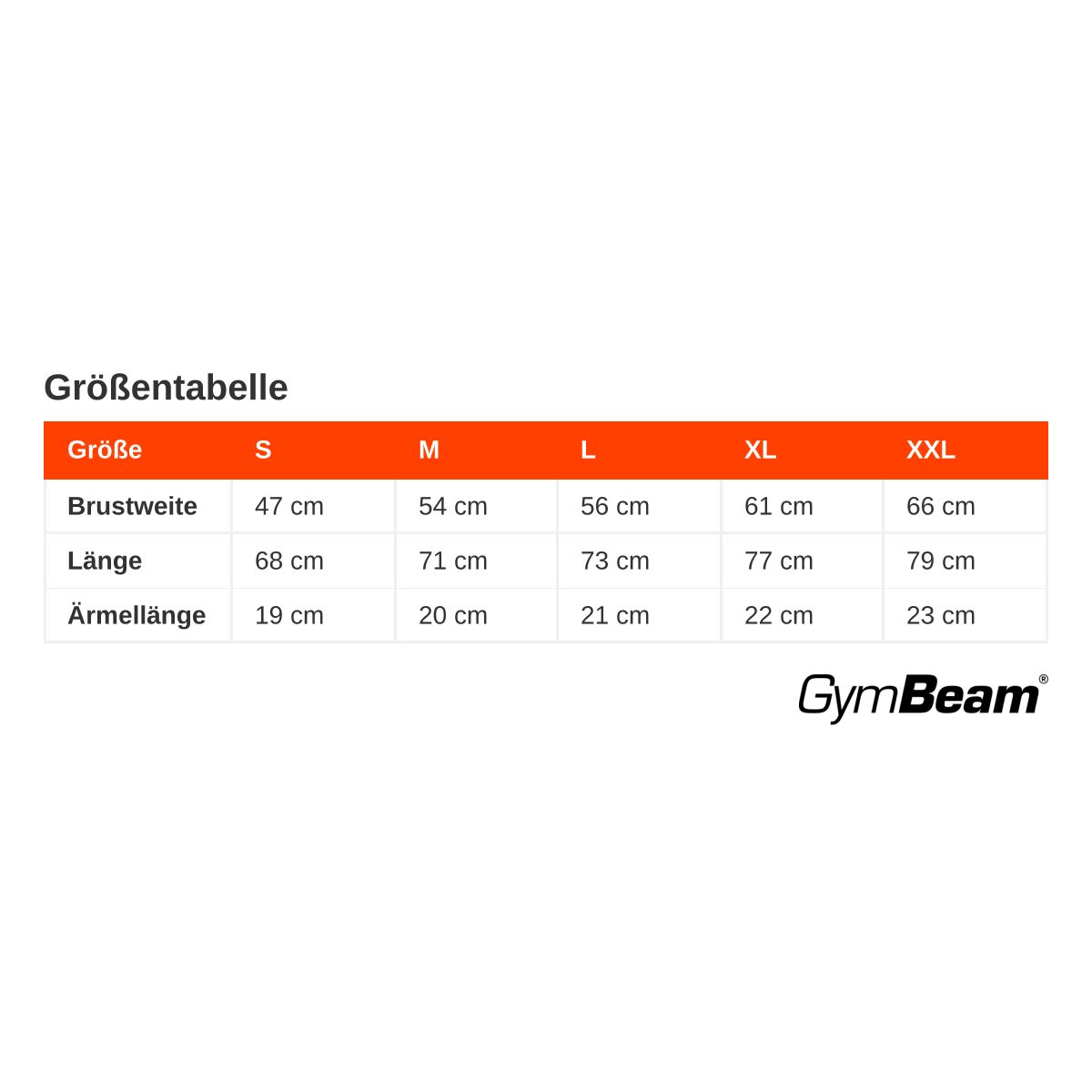 Tabella delle taglie per magliette GymBeam con misure per torace, lunghezza e lunghezza manica.