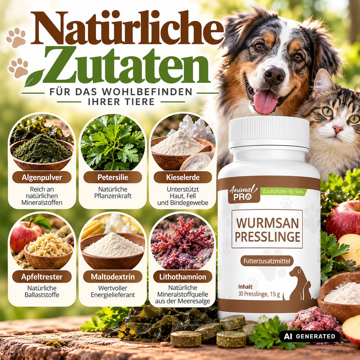 Flacone di 'WURMSAN PRESSLINGE' con 30 compresse, 15g. Contiene alga in polvere, prezzemolo, terra di diatomee, polpa di mela, maltodestrina, litotamnio.