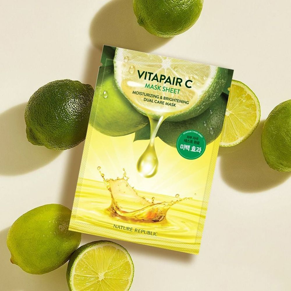 Maschera viso Vitapair C. Confezione con motivo limone. Su sfondo chiaro, con lime.