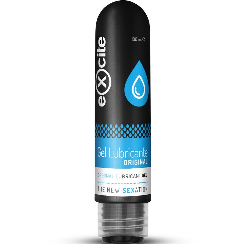 Tubo nero con etichetta blu raffigurante una goccia d'acqua e la scritta 'Gel Lubricante Original'.