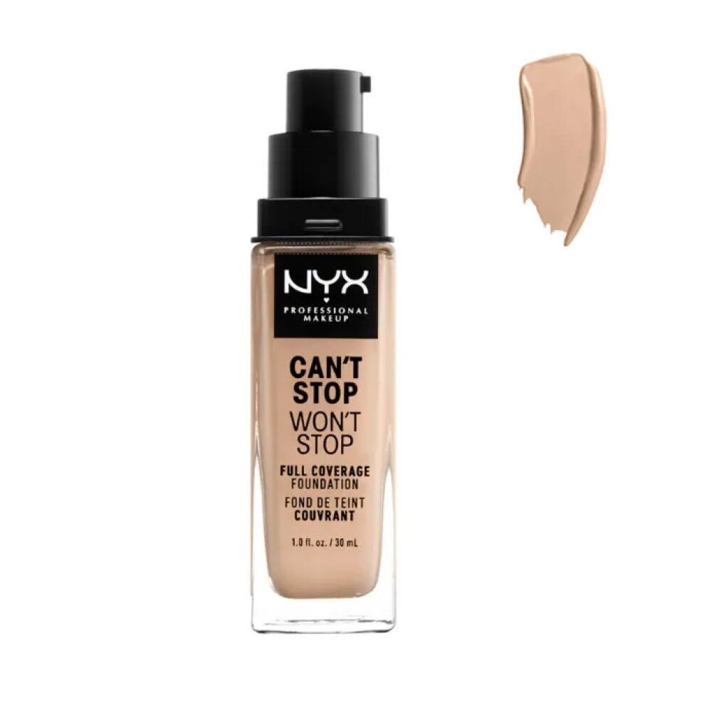 Fondotinta NYX Can't Stop Won't Stop in flacone di vetro con erogatore e campione di colore.