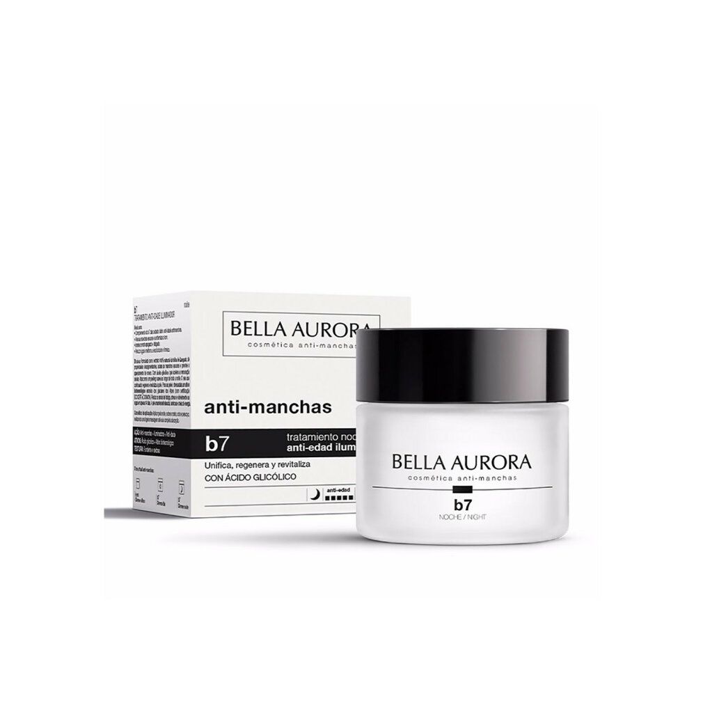 Vaso di crema e scatola. Scritta: Bella Aurora, anti-manchas, b7, trattamento notte anti-età illuminante. Con acido glicolico.