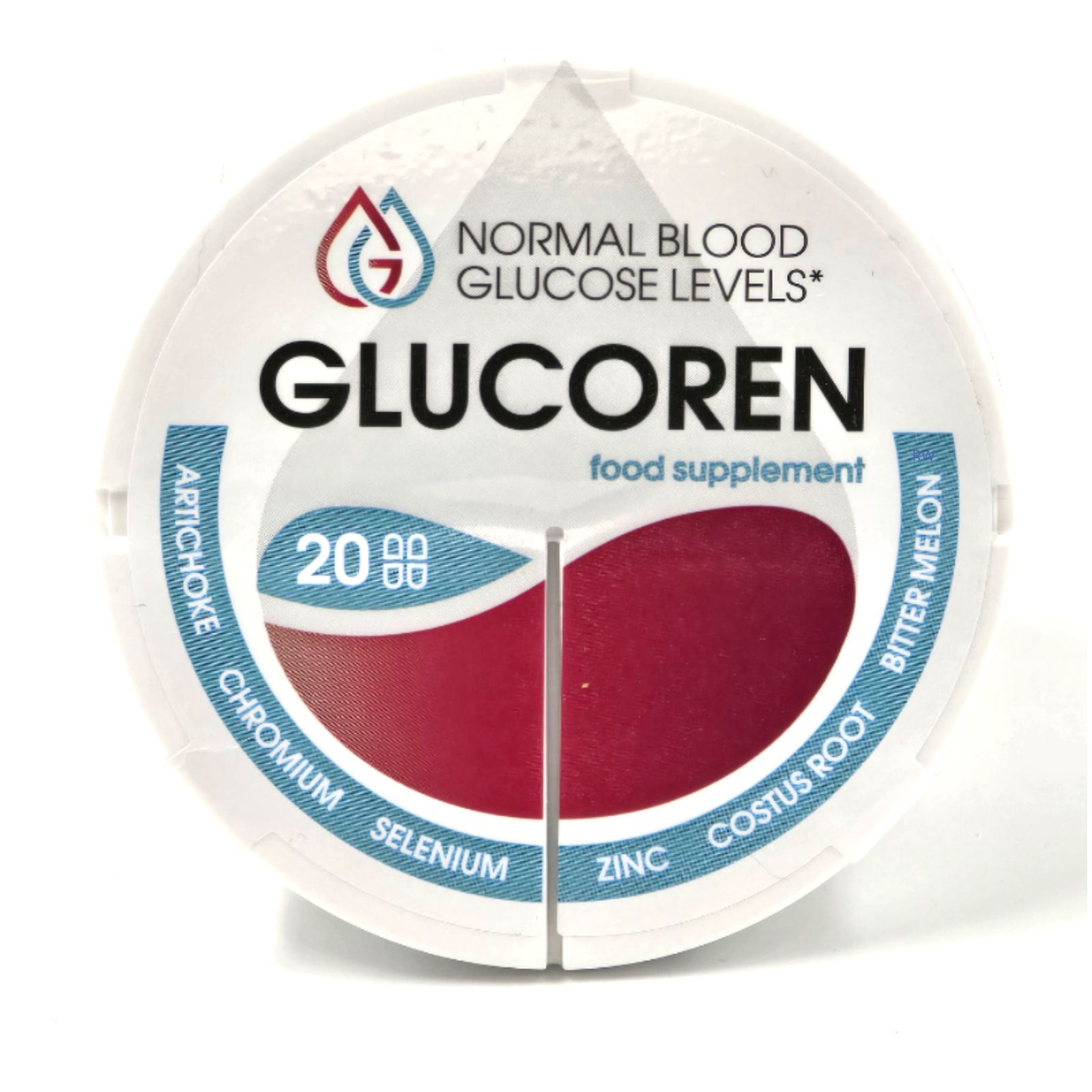 Contenitore rotondo per compresse. Scritta: Glucoren, livelli normali di glucosio. Contiene 20 compresse. Ingredienti: carciofo, melone amaro.