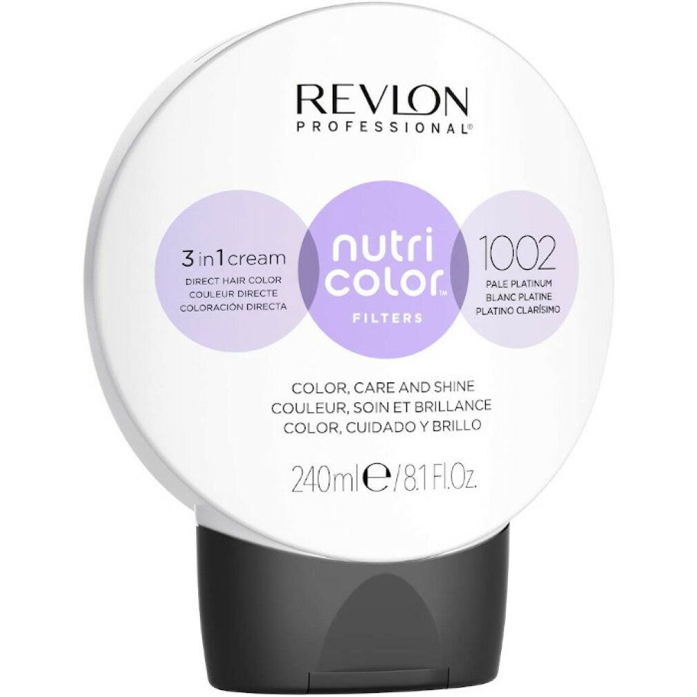 Revlon Nutri Color Filters Tonificante 1002. Bottiglia rotonda con tappo nero. Testo: Revlon, Nutri Color, 3 in 1 cream, 240ml.