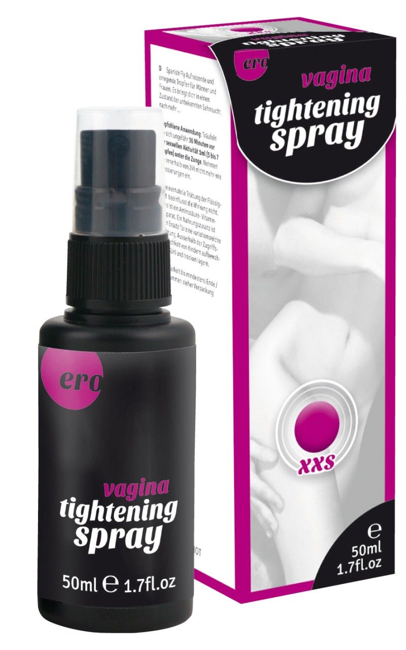 Flacone Ero Vagina Tightening Spray accanto alla confezione, 50ml.