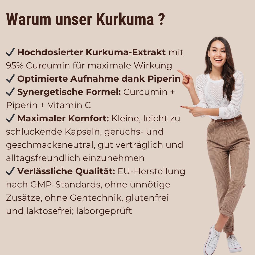Testo con elenchi puntati: Estratto di curcuma ad alta dose, assorbimento ottimizzato, formula sinergica, massimo comfort, qualità affidabile.