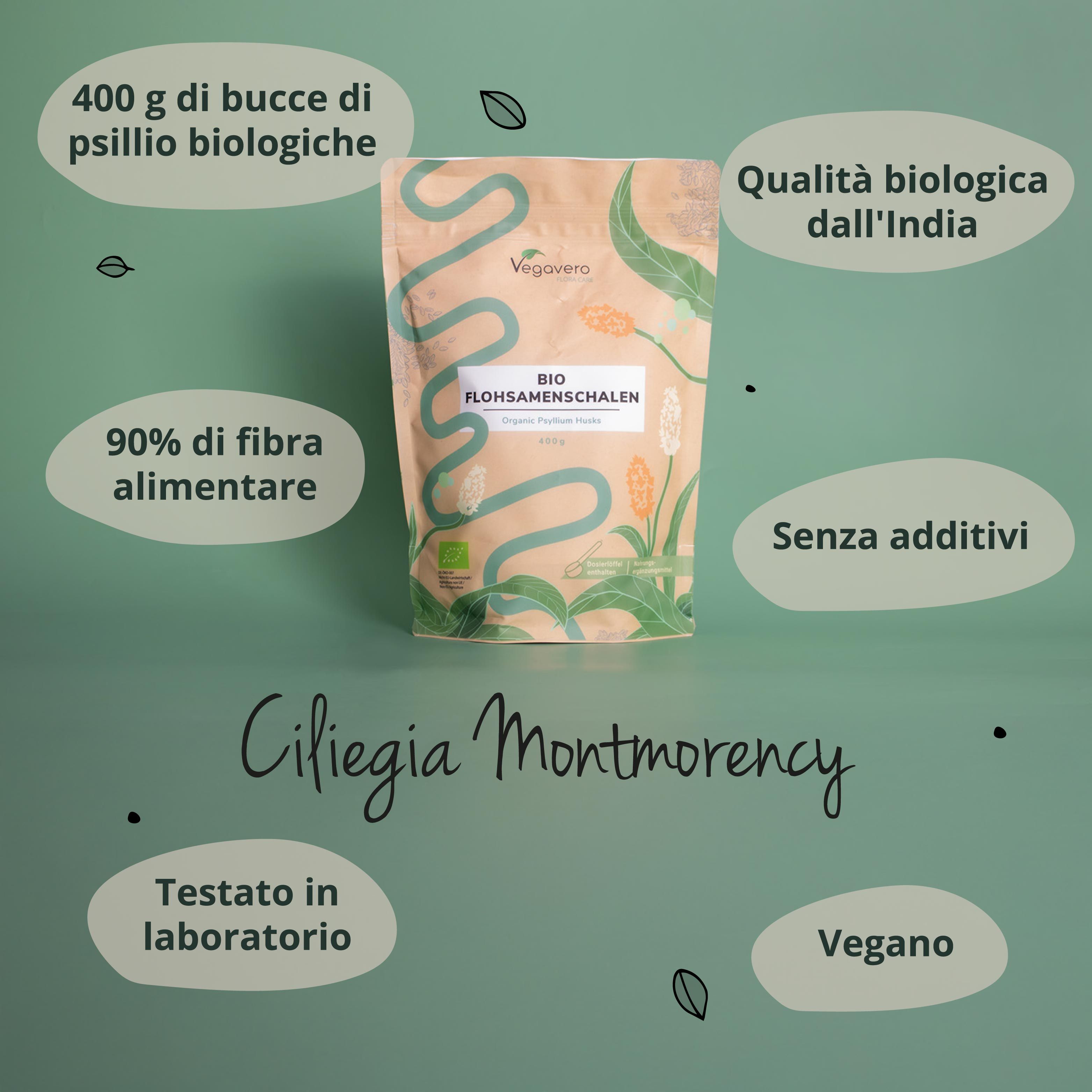 Confezione BIO Flohsamenschalen. Marchio Vegavaro. Testo: 400 g, 90% fibre, senza additivi, vegano. Origine: India.