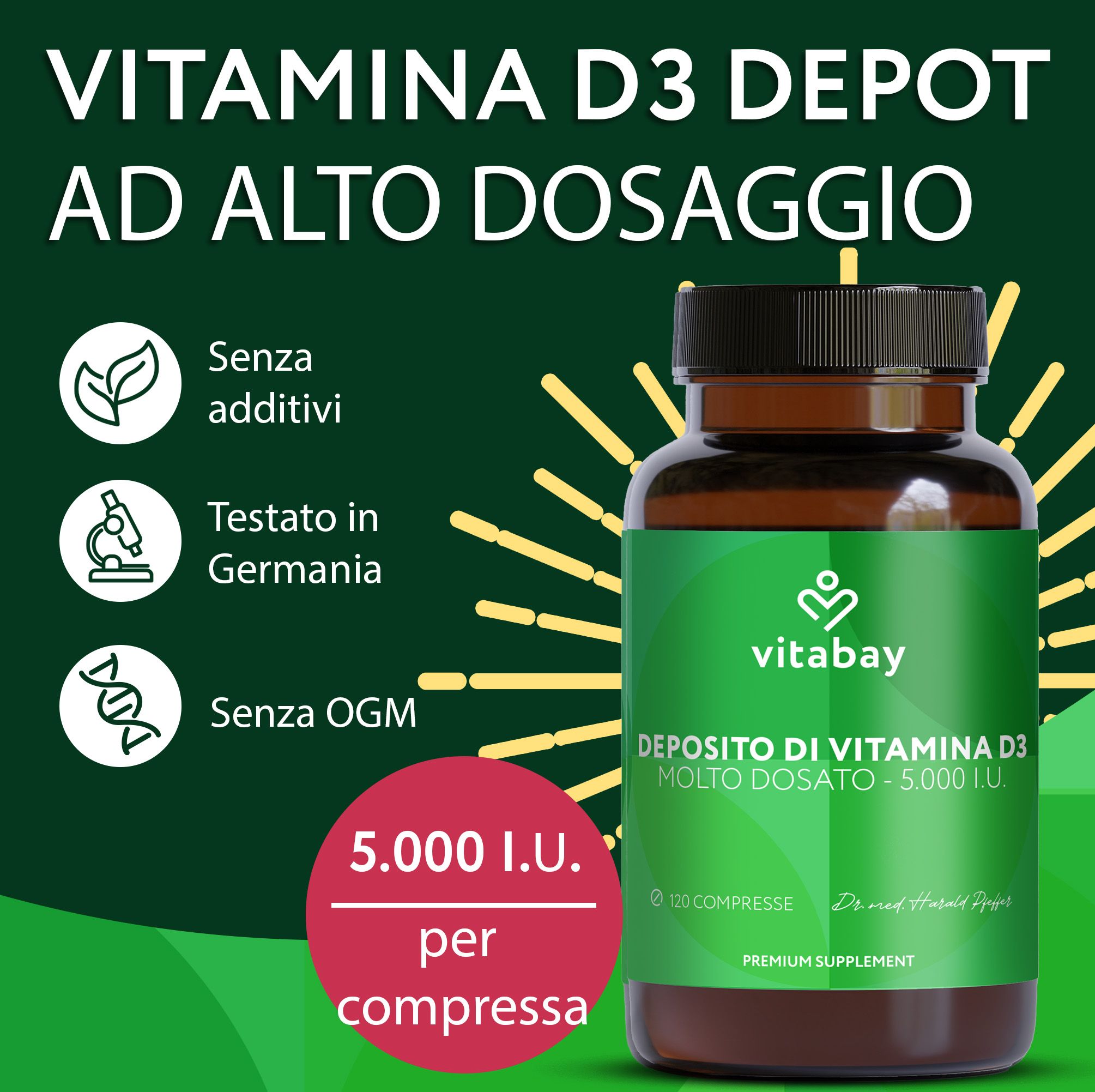 Retro flacone Vitabay Vitamina D3 Depot, valori nutrizionali.