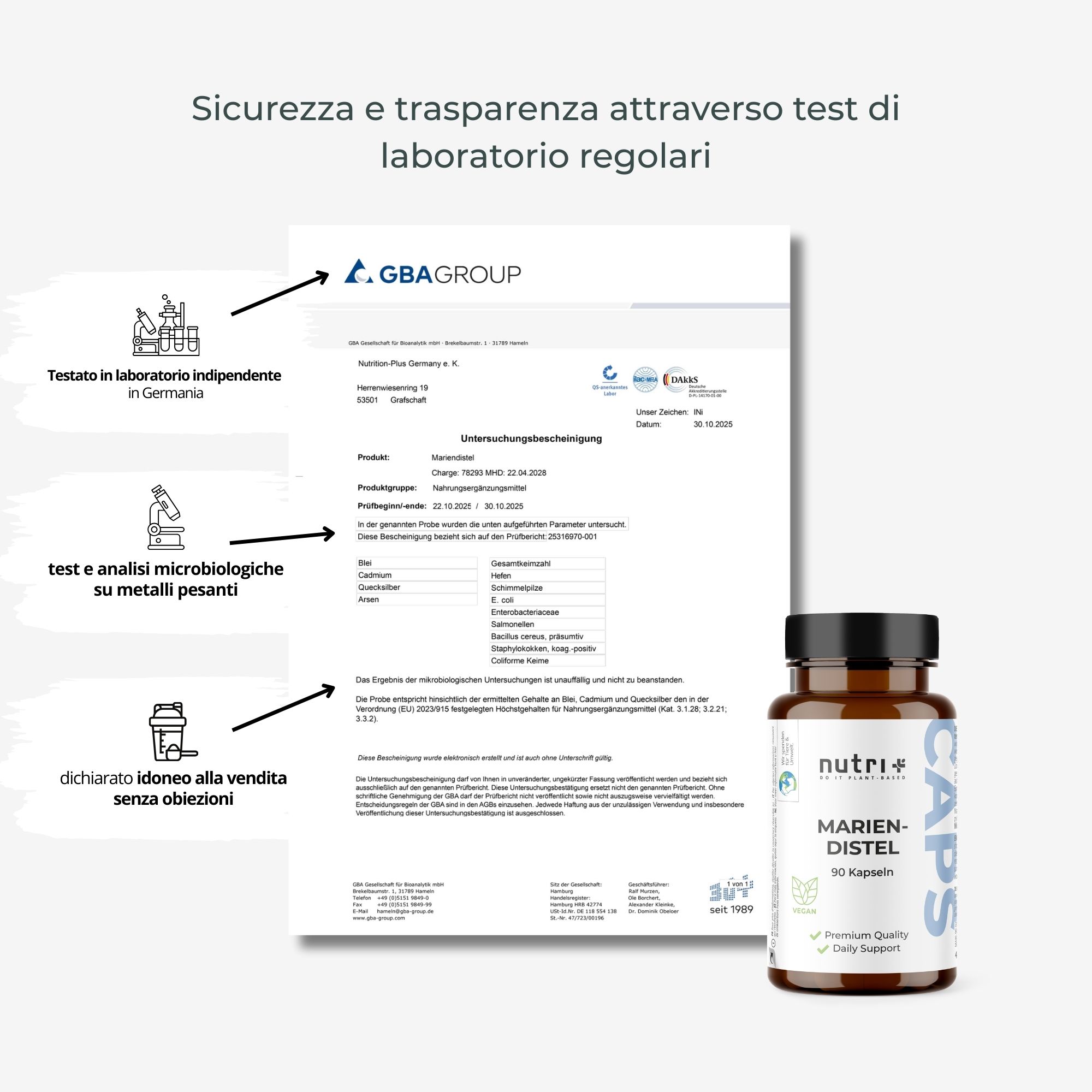 Testo: Sicurezza e trasparenza attraverso test di laboratorio regolari. Flacone di capsule di cardo mariano.