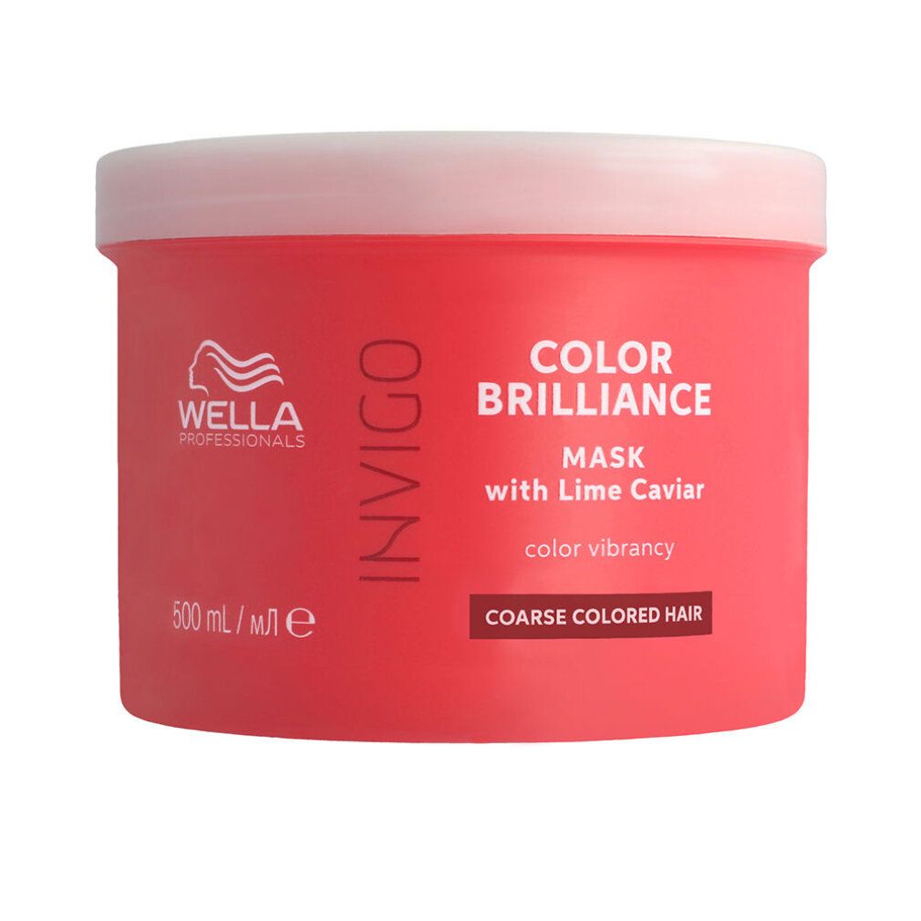 Barattolo rosso con coperchio bianco. Scritta: Color Brilliance Mask, con Lime Caviar, per capelli grossi colorati. Marca: Wella Invigo.