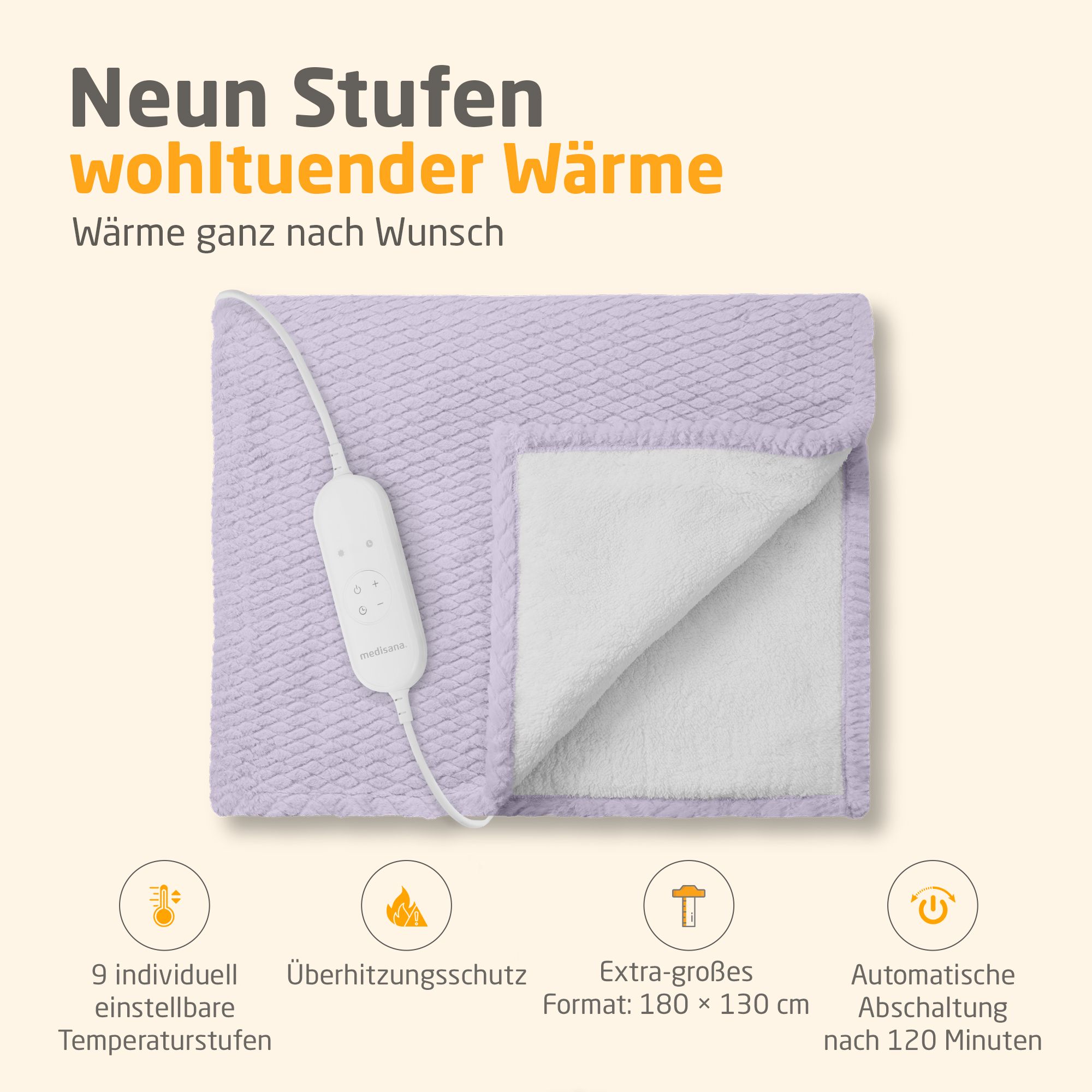 Coperta termica, lilla chiaro. Cavo e pannello comandi. 9 livelli di temperatura, protezione surriscaldamento, 180x130 cm.