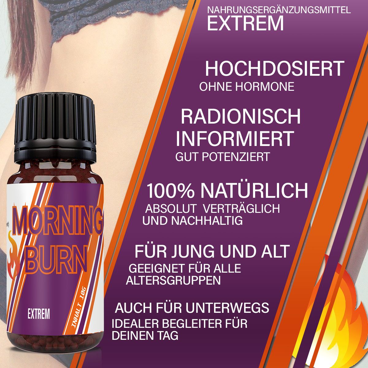Flacone di vetro marrone con tappo nero. Scritta: MORNING BURN, EXTREM. Testo: Integratore alimentare. Informazioni sugli ingredienti e i benefici.
