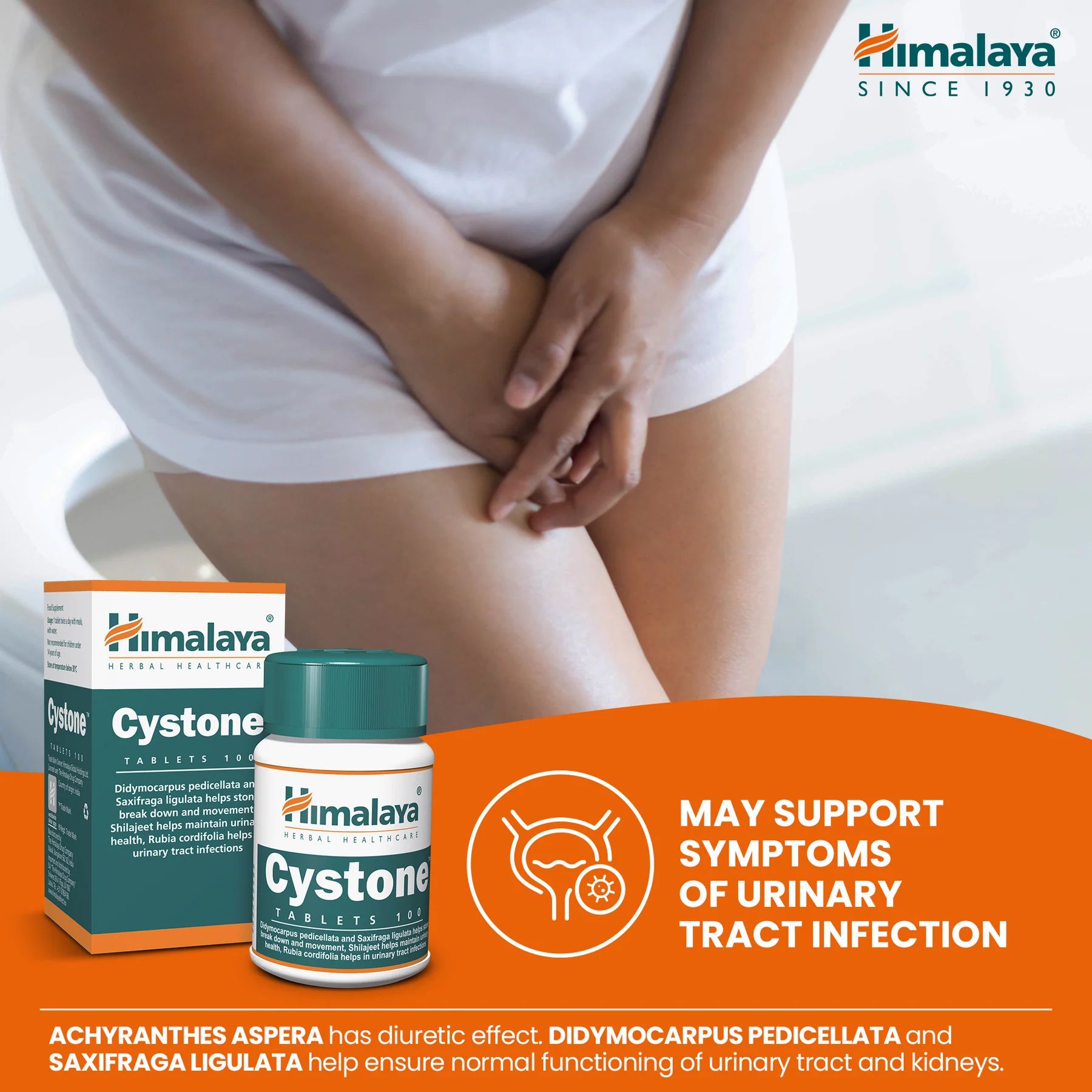 Himalaya Cystone compresse e una persona che si tiene i genitali. Testo: Può supportare i sintomi di un'infezione del tratto urinario.