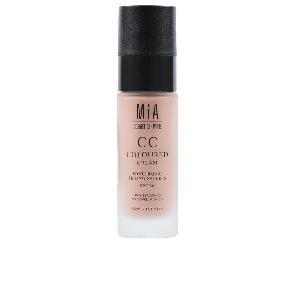 Flacone di crema colorata con tappo nero. Scritta: Mia Cosmetics, CC Coloured Cream, SPF 30. Base opaca.