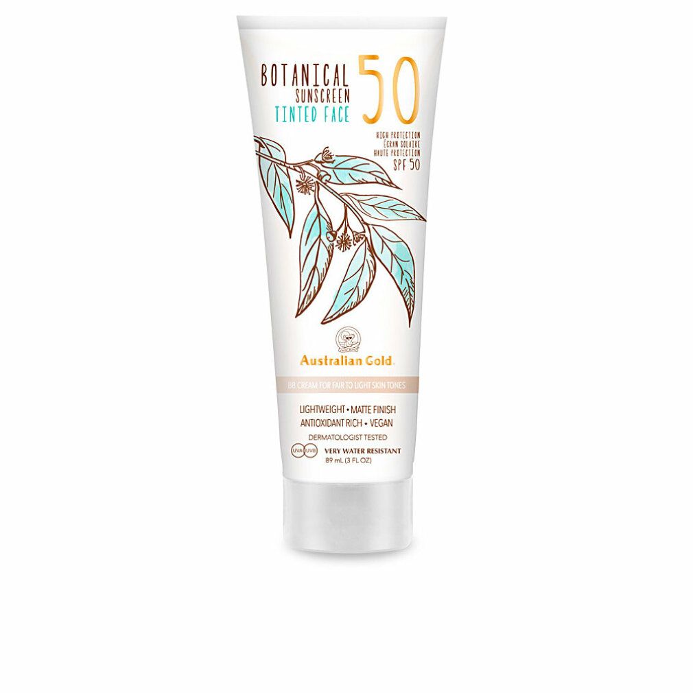 Tubo crema solare. Bianco, design botanico, testo: SPF 50, Australian Gold. Per pelli chiare. Dermatologicamente testato.