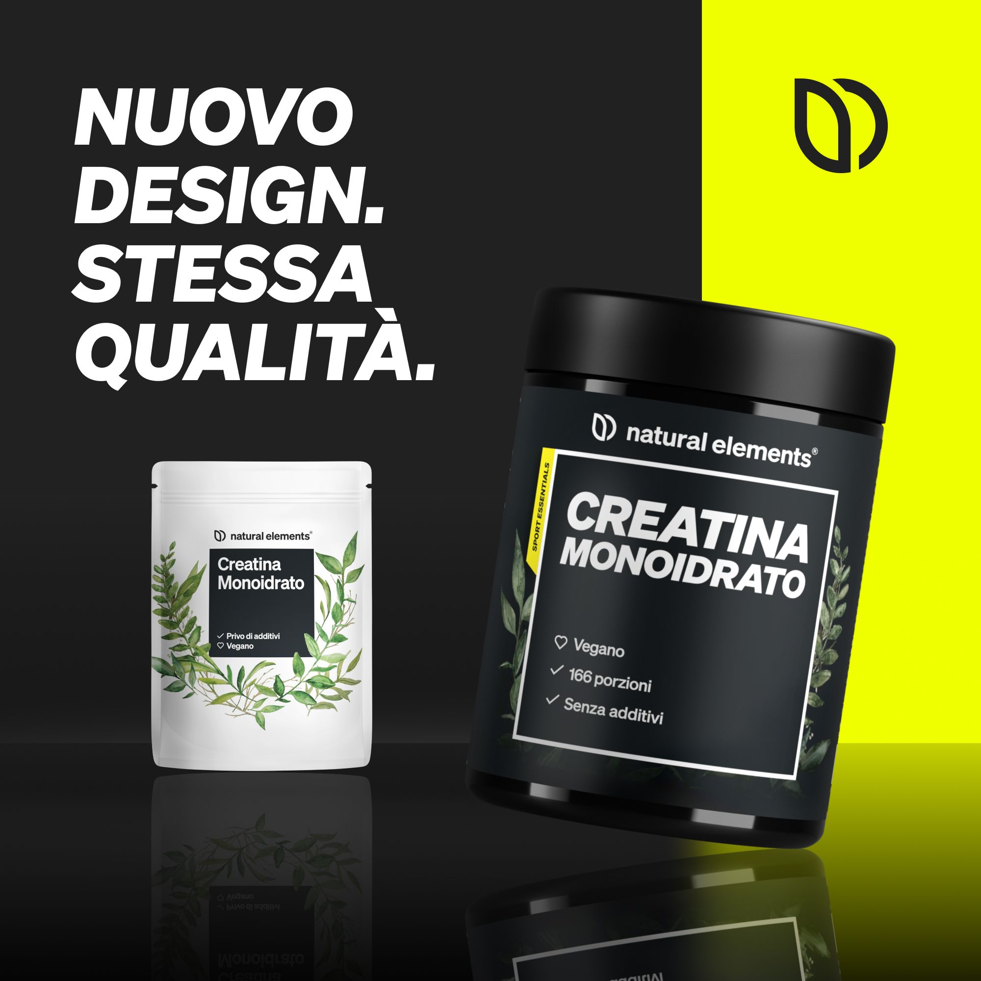 Barattoli di polvere di creatina monoidrato Natural Elements.