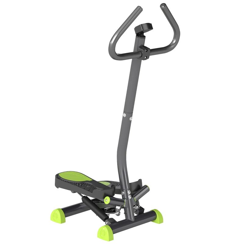 Stepper grigio con pedana e piedi verdi. Con manubrio e schermo LCD. Attrezzo fitness per allenamento.