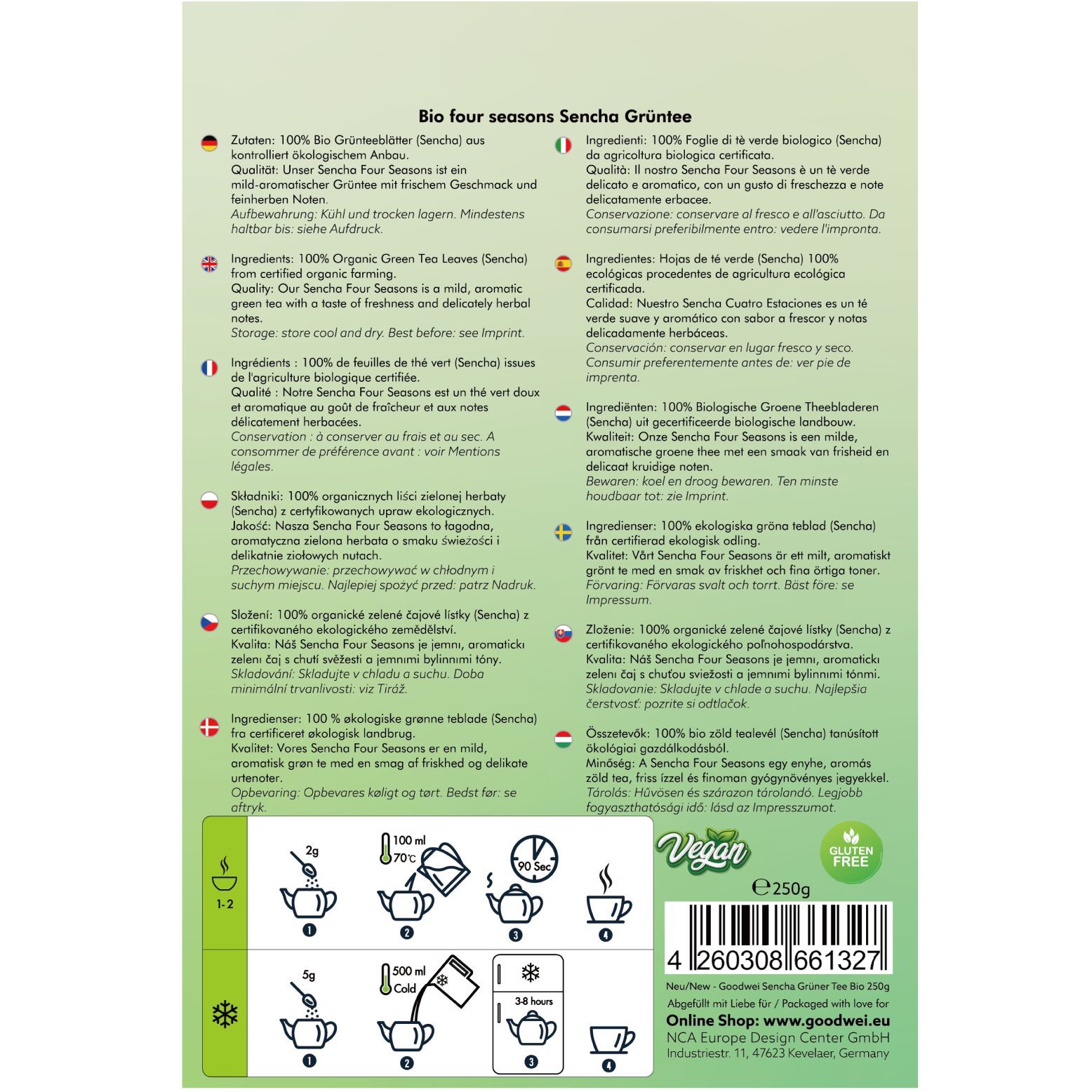 Retro della confezione Goodwei Bio Sencha Grüntee. Testo multilingue, istruzioni per la preparazione, sigilli bio, vegan e senza glutine.