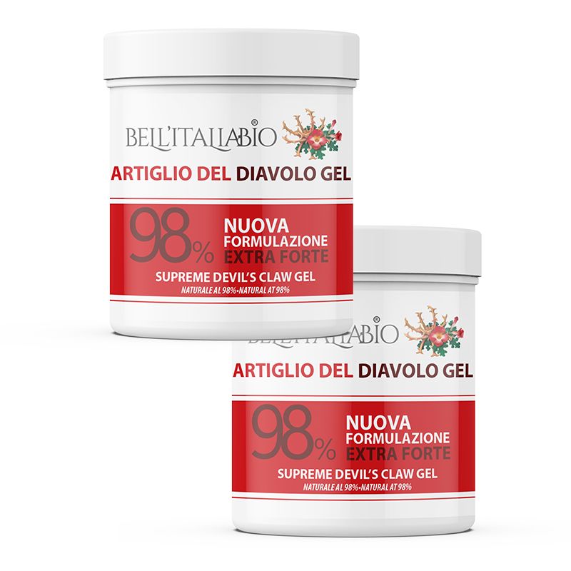 Due vasetti bianchi con testo rosso. Scritta: Artiglio del Diavolo Gel, 98%, Extra Forte. Marchio: Bell'Italiabio.