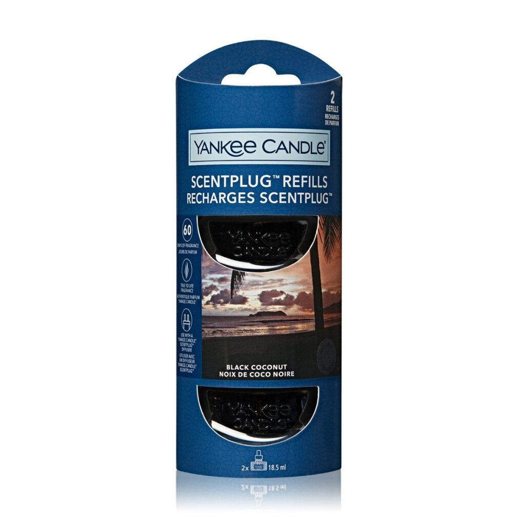 Confezione di ricarica. Due ricariche nere. Testo: Yankee Candle, Scentplug, Black Coconut. 2 x 18,5 ml.