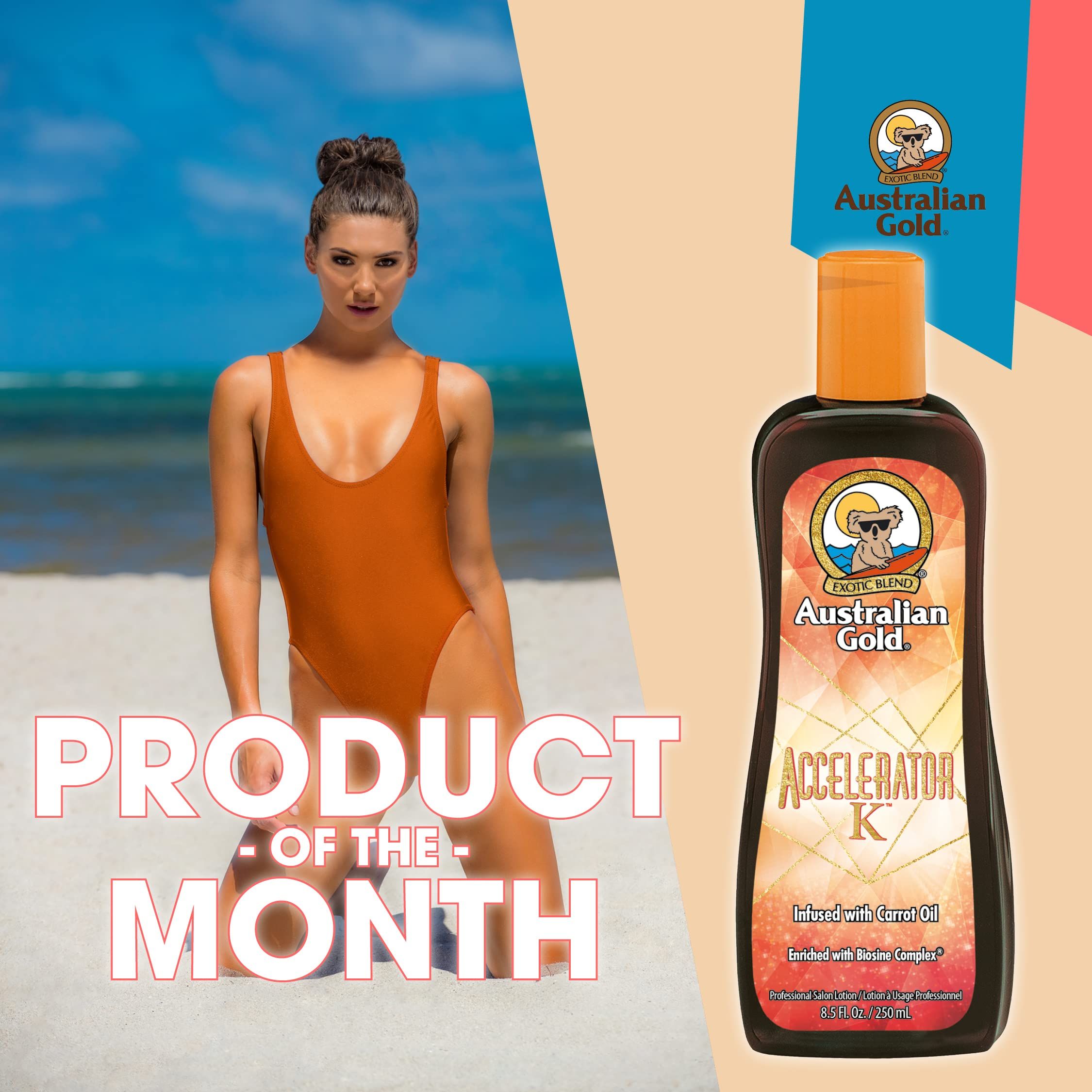 Donna in costume da bagno sulla spiaggia. Accanto, flacone Australian Gold Accelerator K. Testo: Product of the Month.