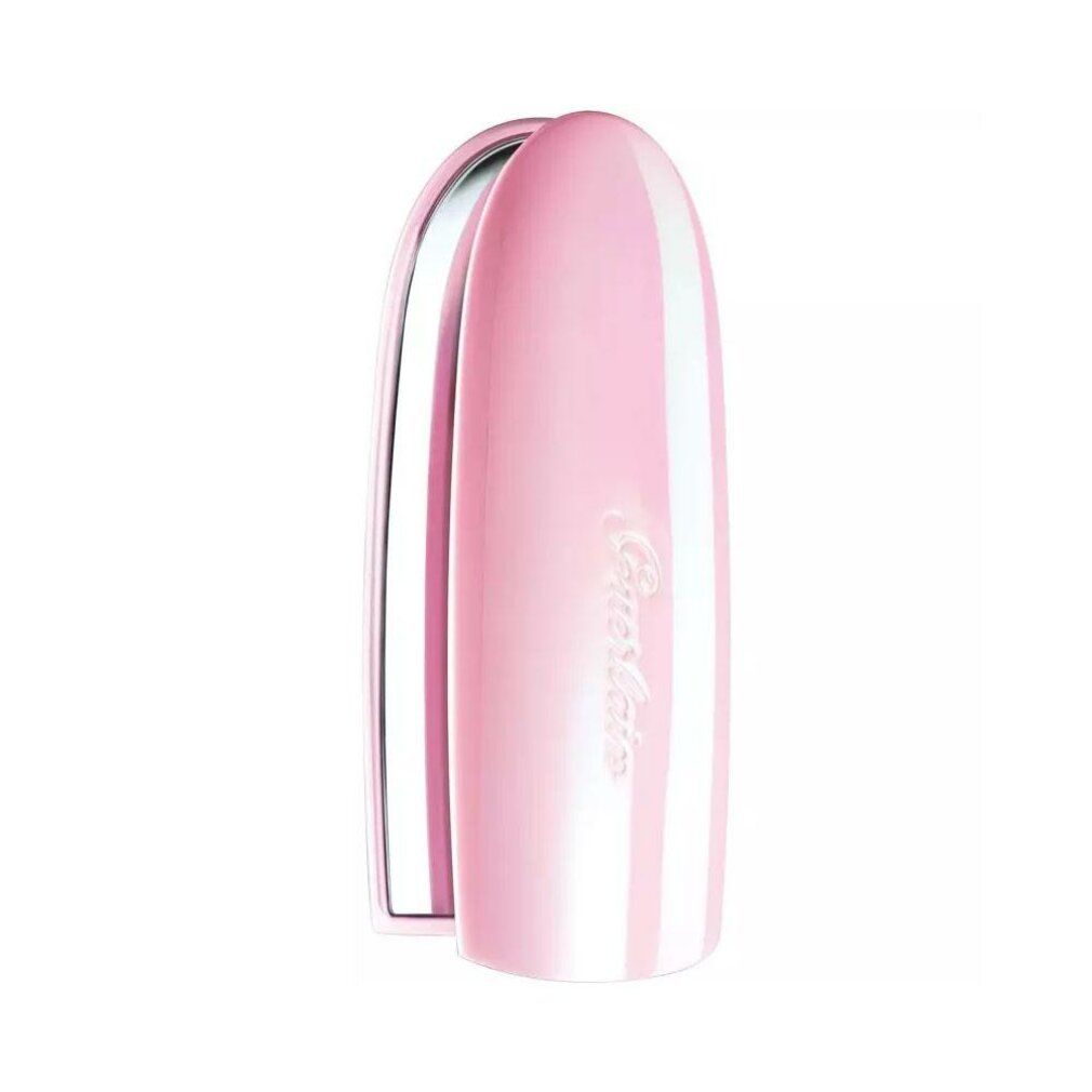 Custodia rossetto rosa con specchio. Strisce bianche verticali. Logo Guerlain in corsivo.
