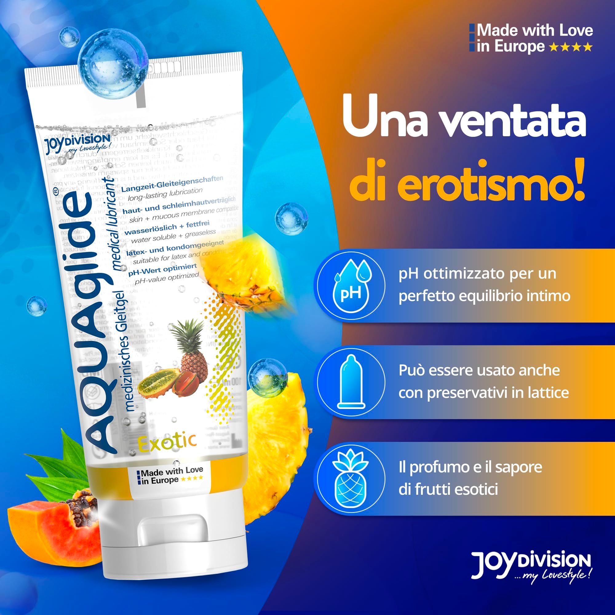 Tubo di gel lubrificante medicale AQUAGLIDE con motivo ananas e kiwi. Fatto con amore in Europa.